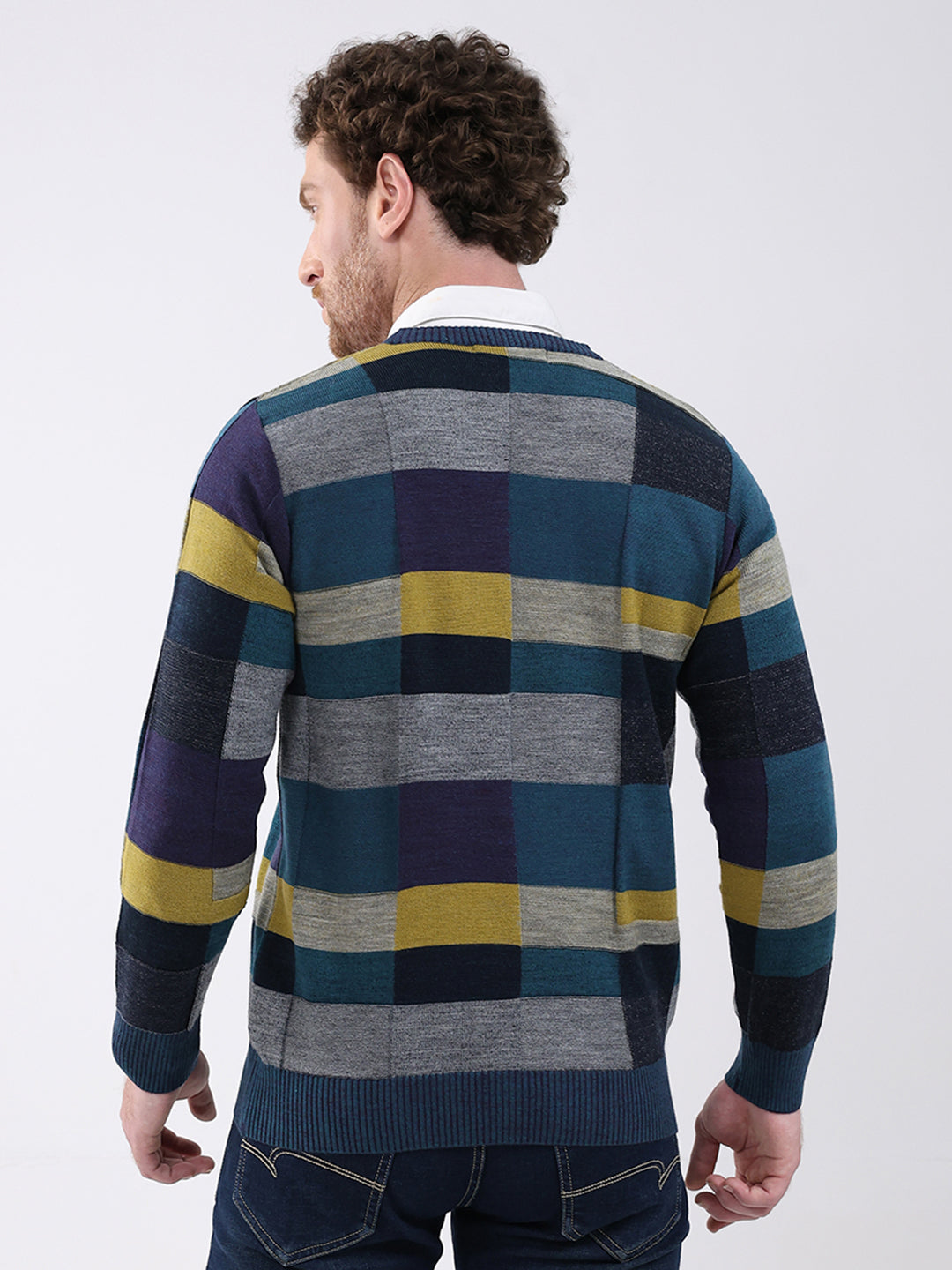 Men Teal Blue Self Design V Neck Full Sleeve Pullover