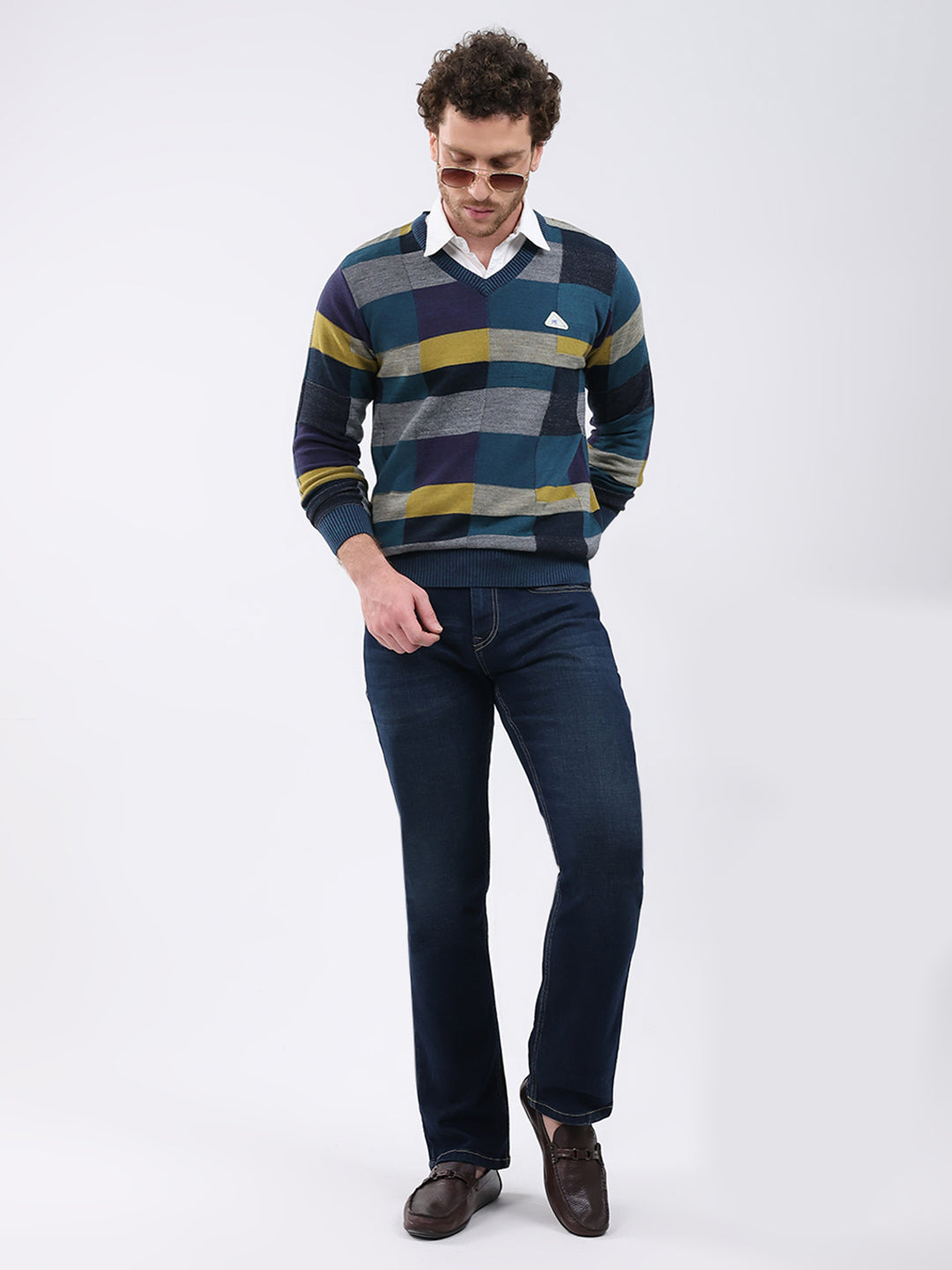 Men Teal Blue Self Design V Neck Full Sleeve Pullover