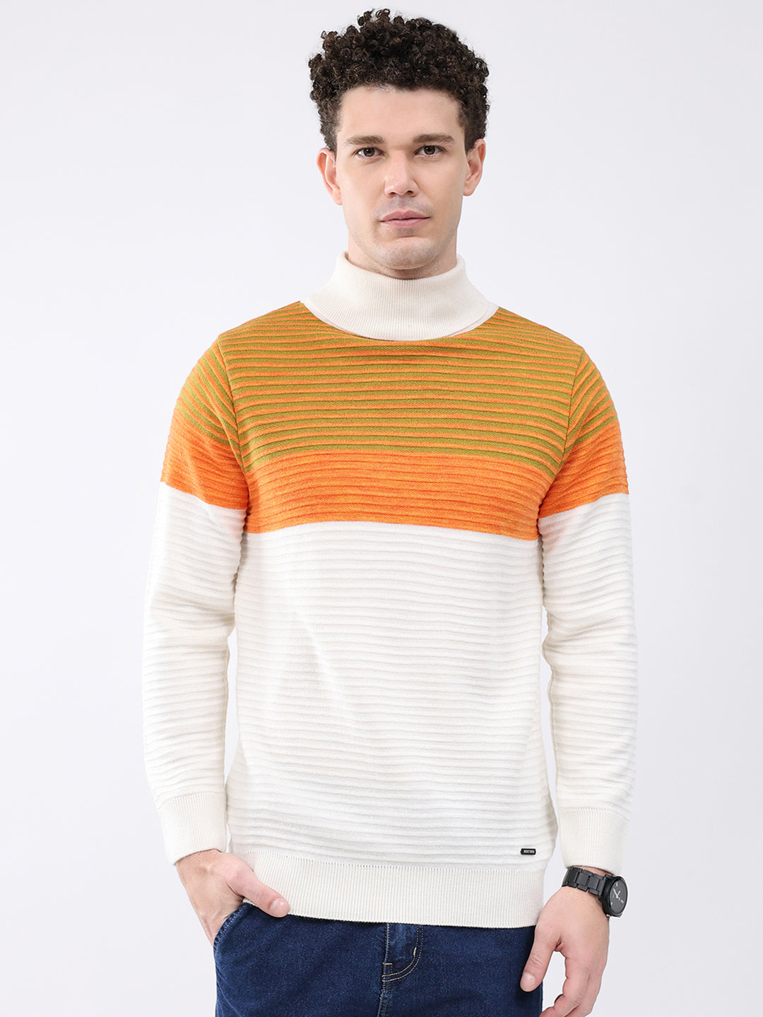 Men White & Orange Self Design High Neck Full Sleeve Pullover