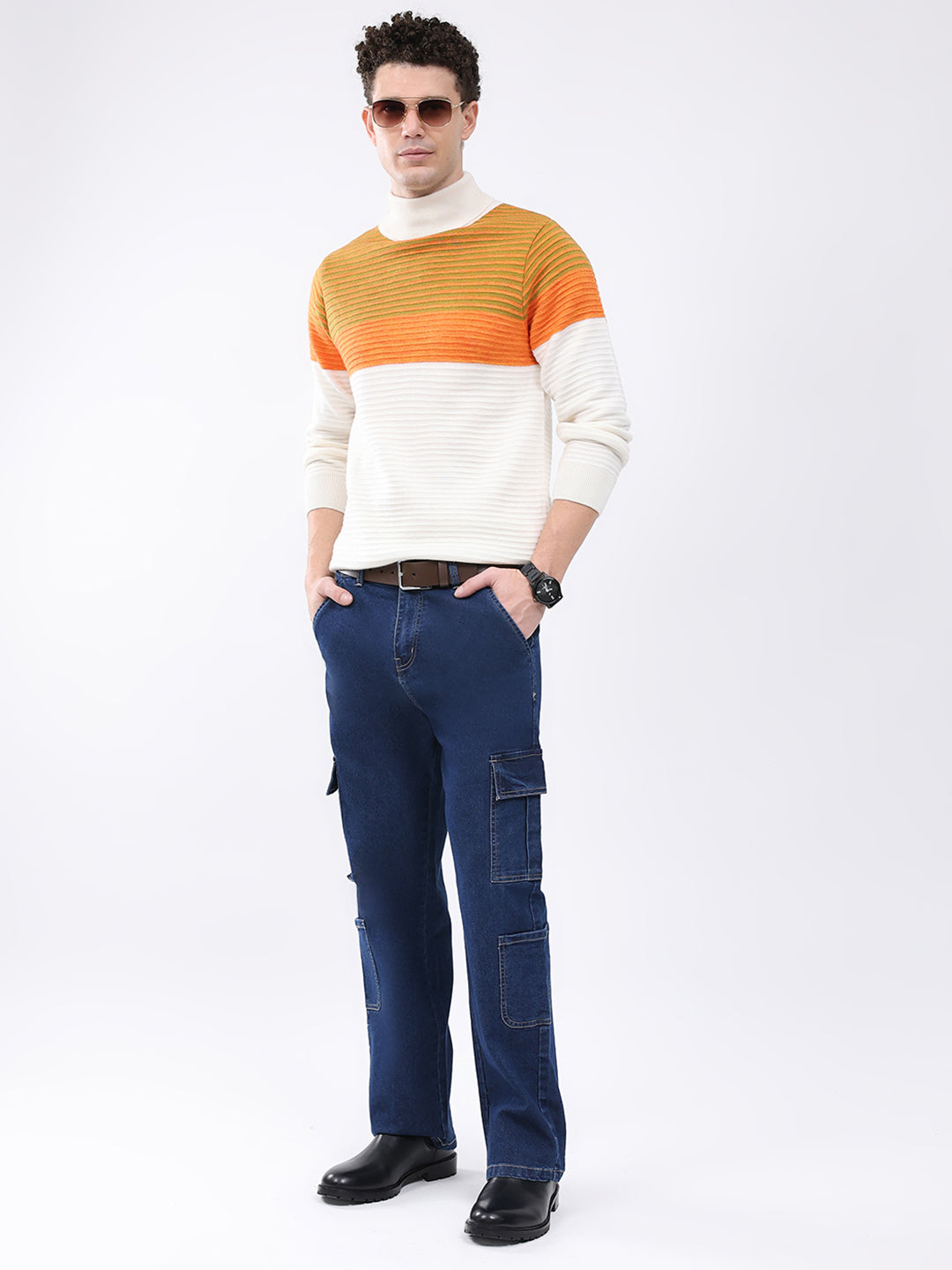 Men White & Orange Self Design High Neck Full Sleeve Pullover