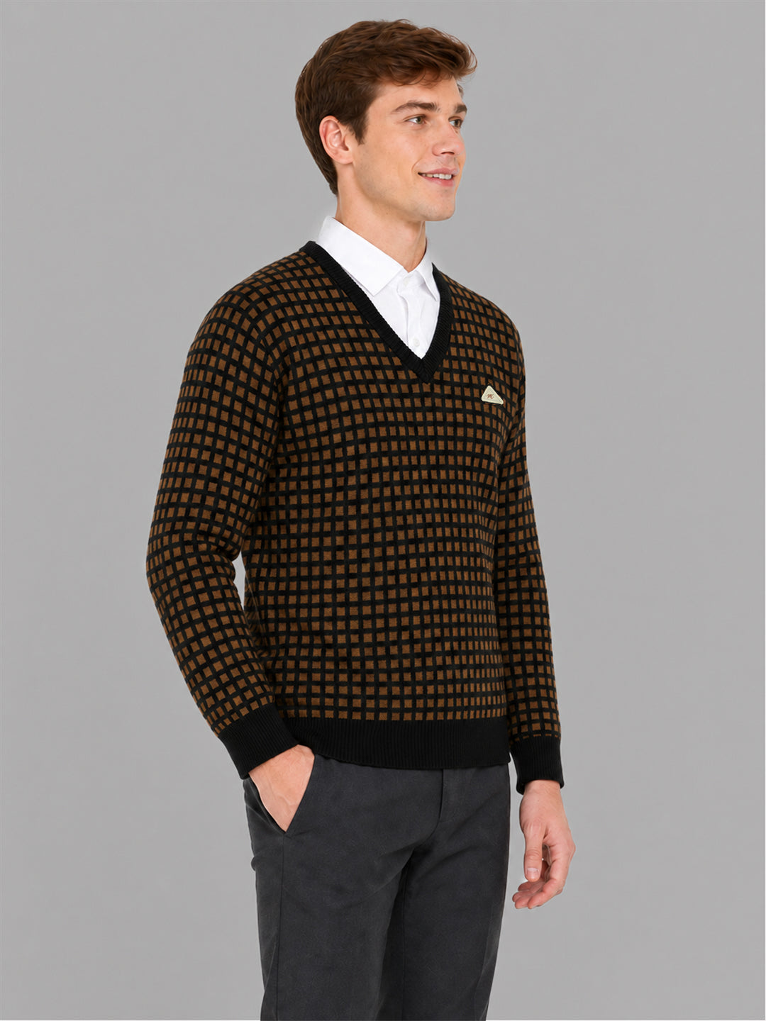 Men Brown Designer V Neck Full Sleeve Pullover