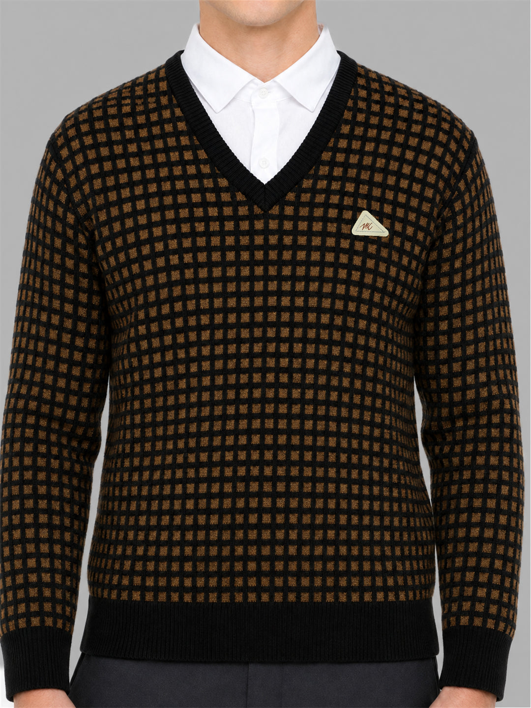 Men Brown Designer V Neck Full Sleeve Pullover