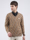 Men Brown Self Design V Neck Full Sleeve Pullover