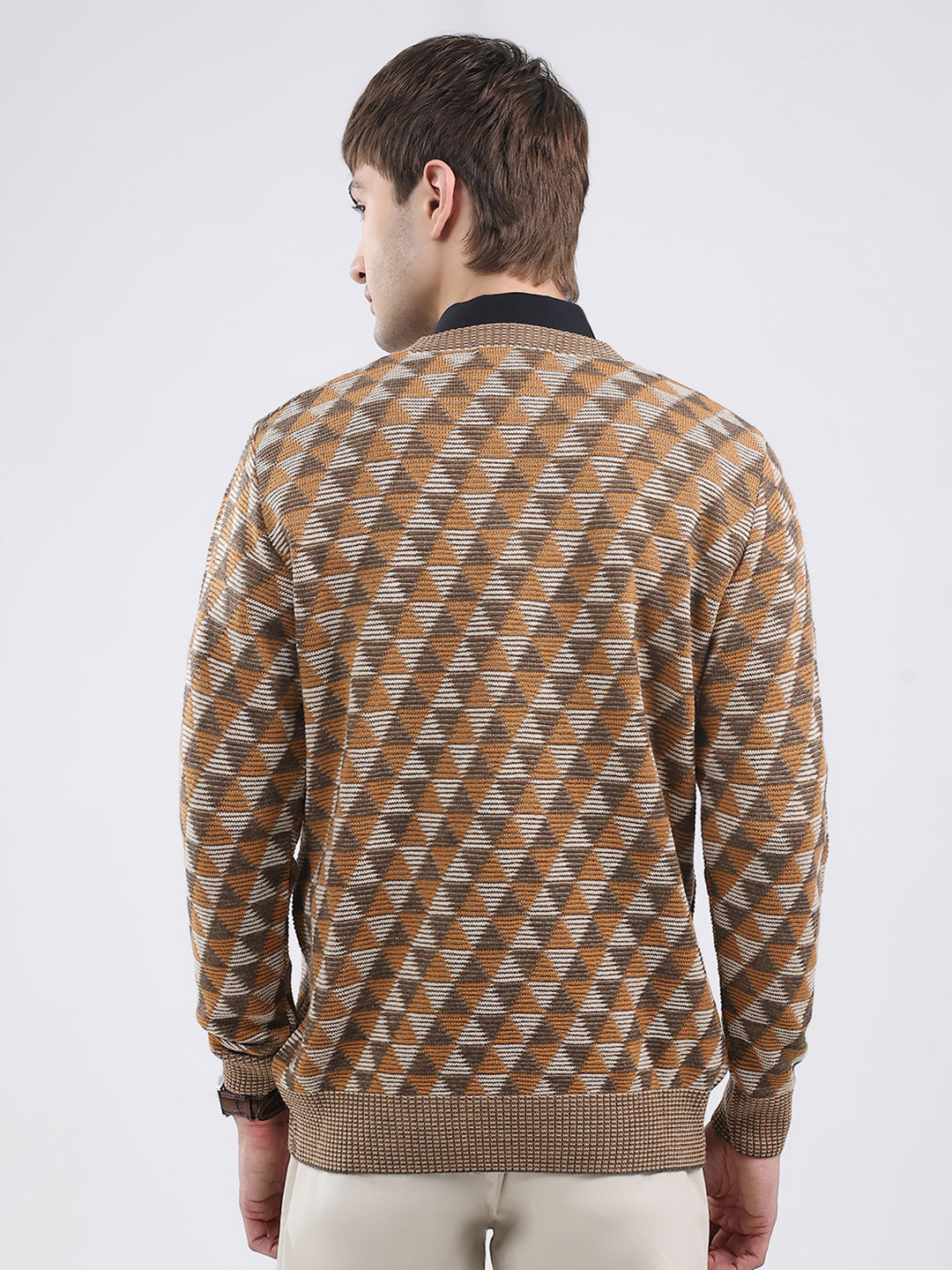 Men Brown Self Design V Neck Full Sleeve Pullover