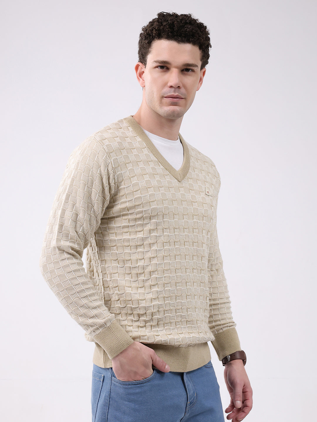 Men Beige Self Design V Neck Full Sleeve Pullover