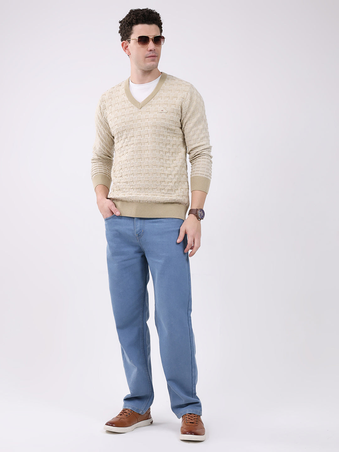 Men Beige Self Design V Neck Full Sleeve Pullover