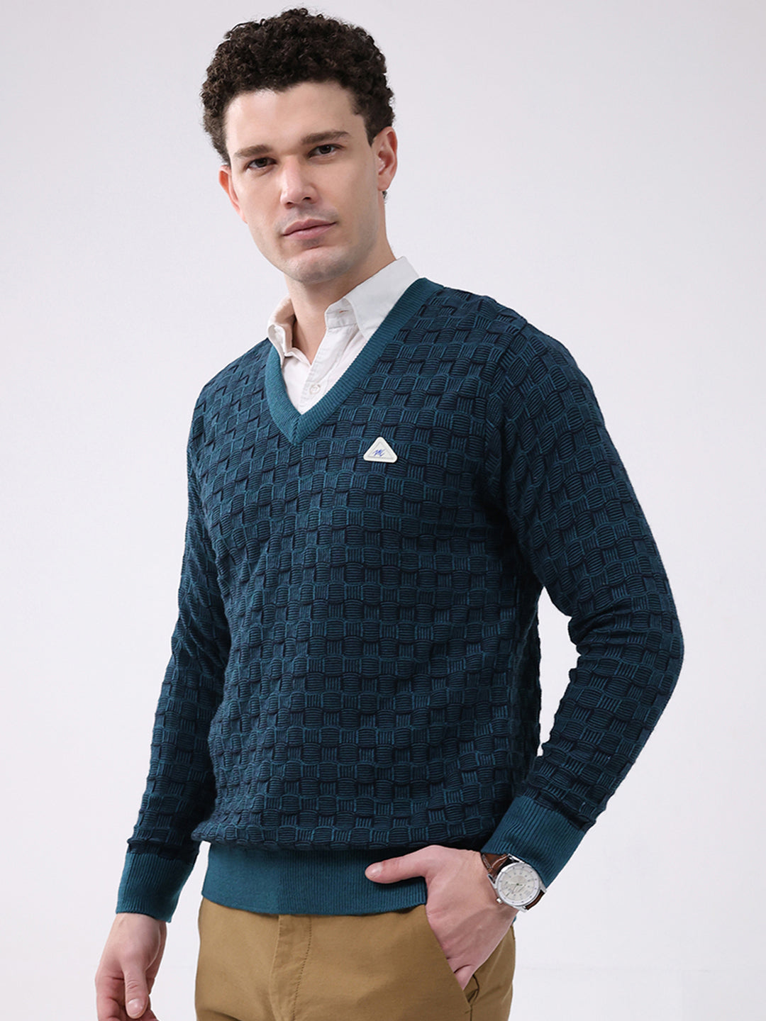 Men Green Self Design V Neck Full Sleeve Pullover