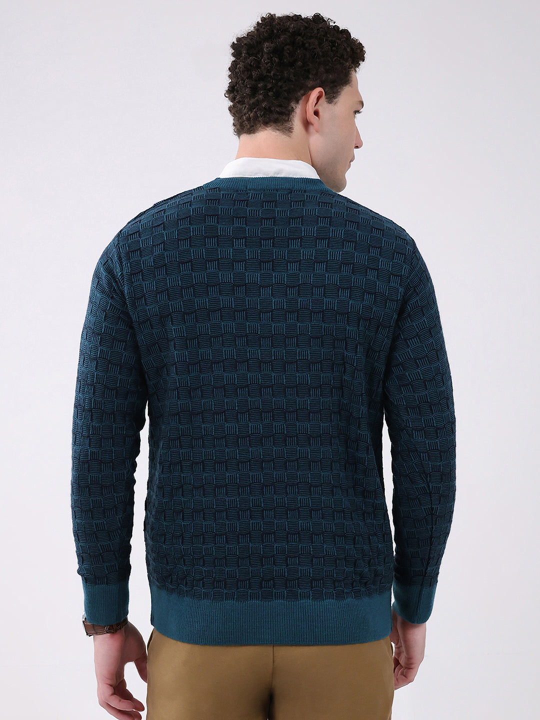 Men Green Self Design V Neck Full Sleeve Pullover