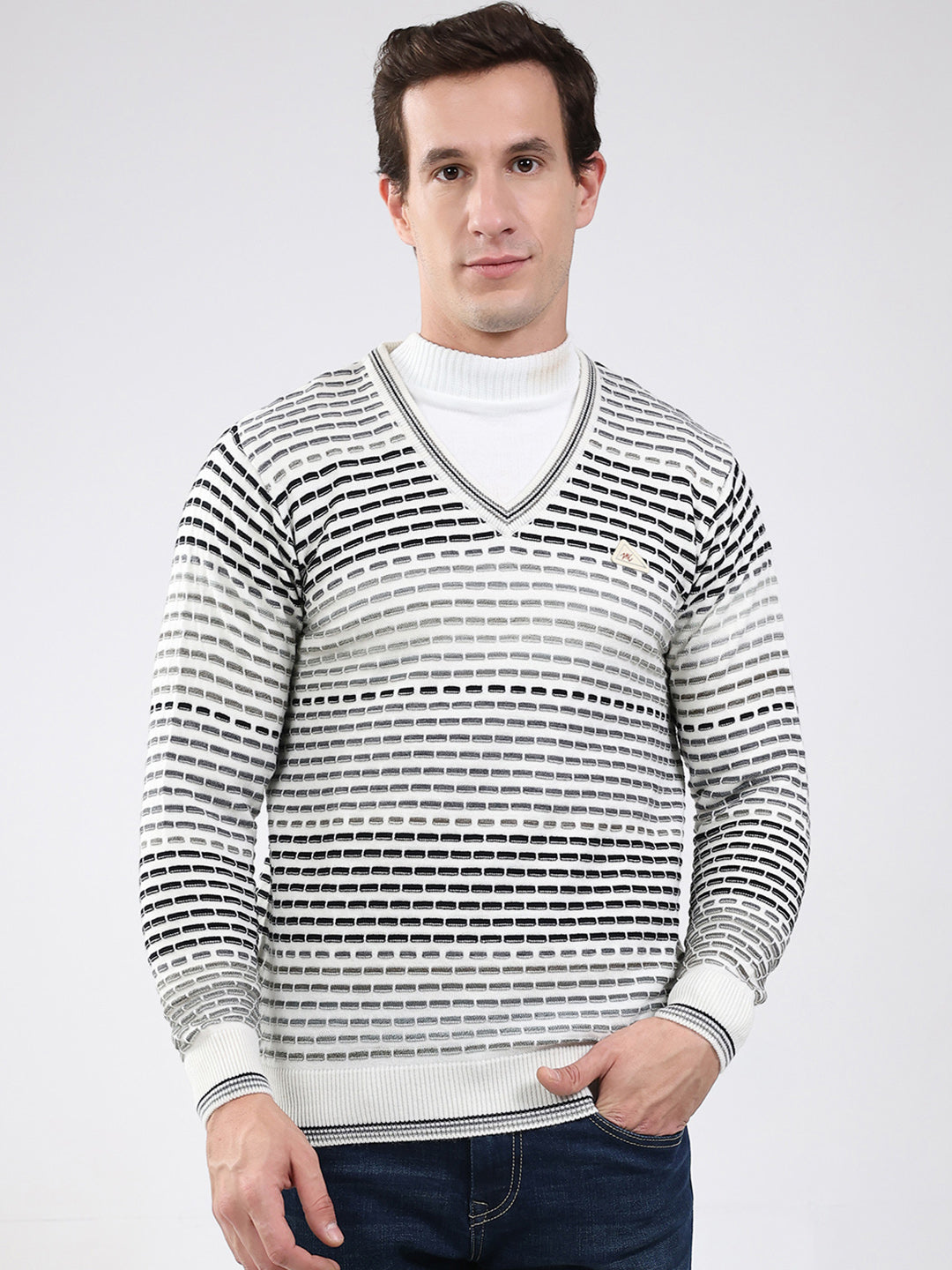 Men White Stripe V Neck Full Sleeve Pullover
