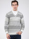 Men White Stripe V Neck Full Sleeve Pullover