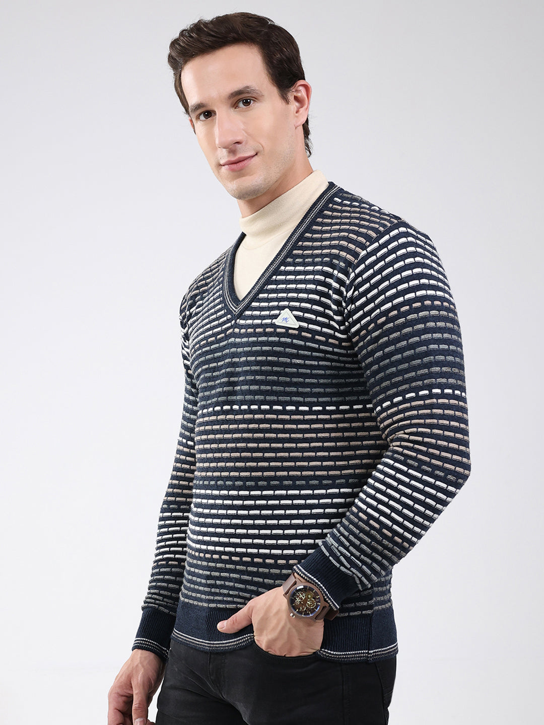 Men Navy Blue Stripe V Neck Full Sleeve Pullover