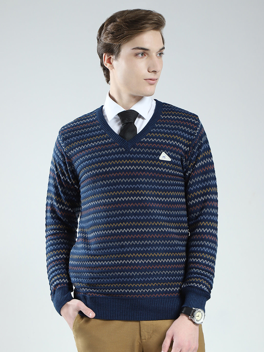 Men Blue Stripe V Neck Full Sleeve Pullover