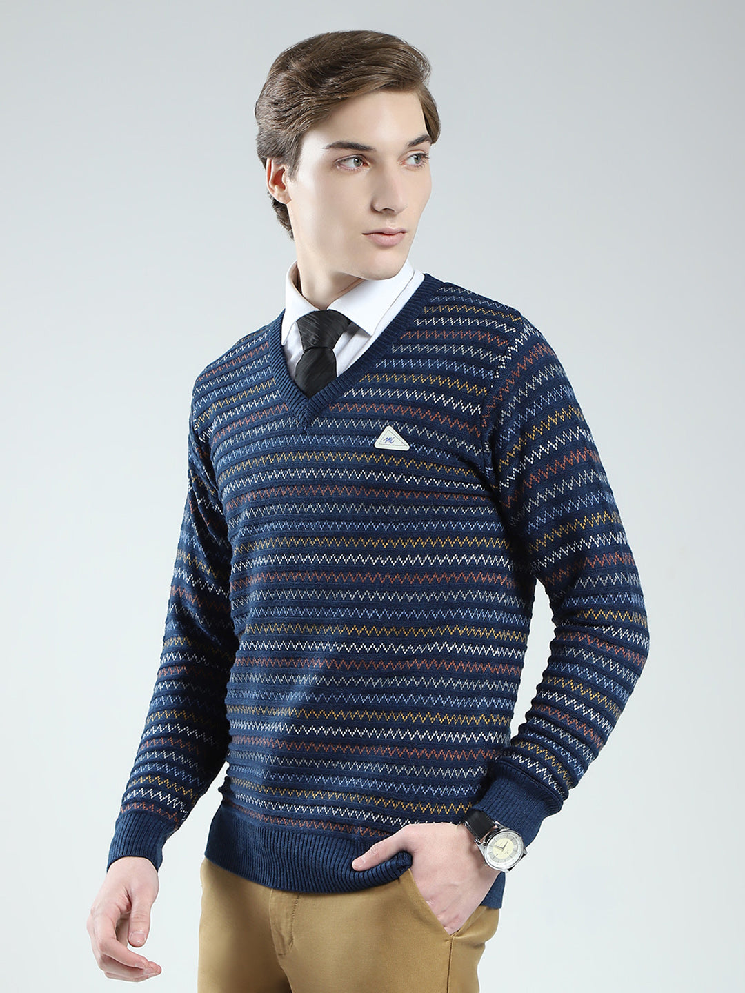 Men Blue Stripe V Neck Full Sleeve Pullover
