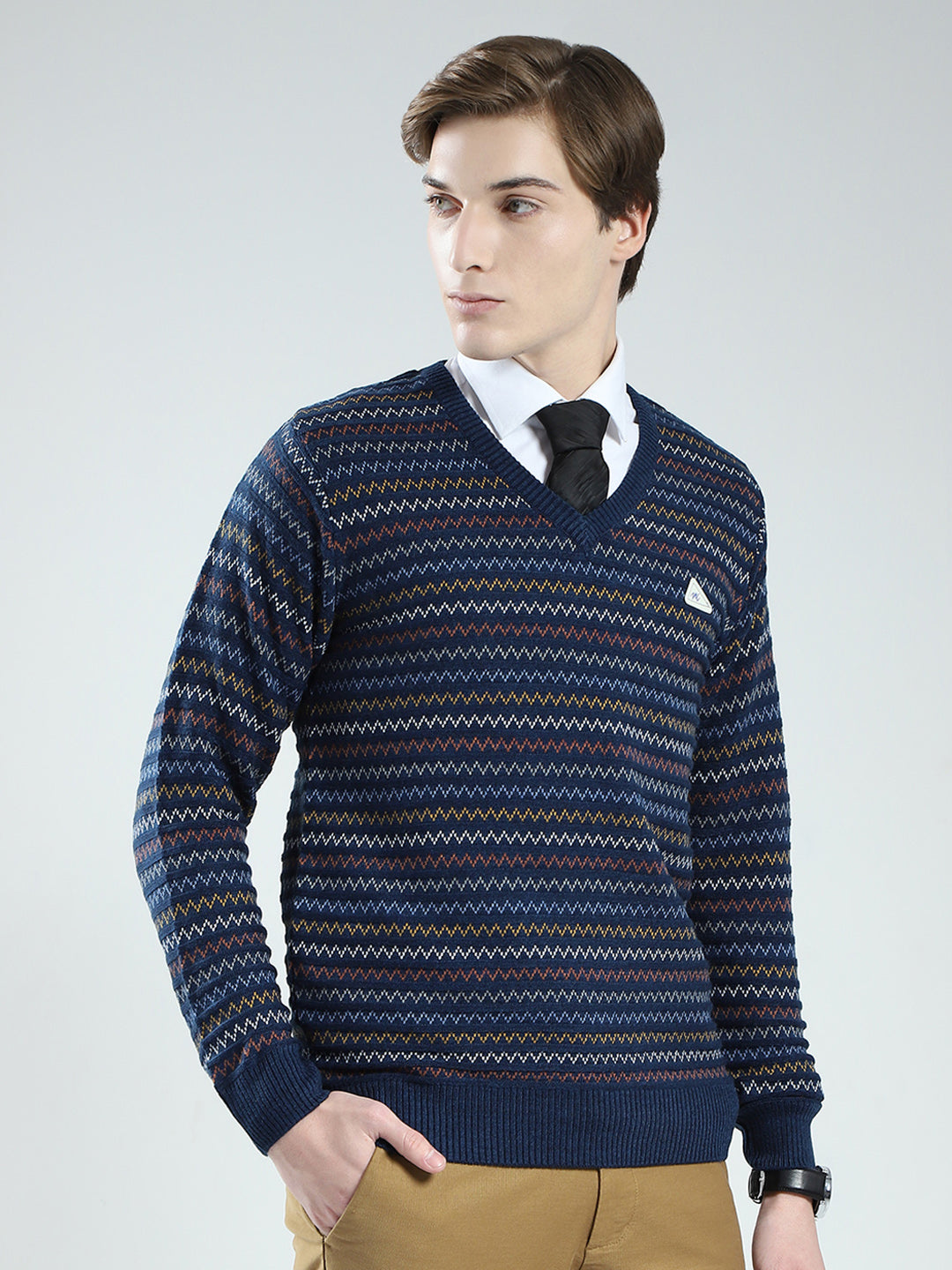 Men Blue Stripe V Neck Full Sleeve Pullover