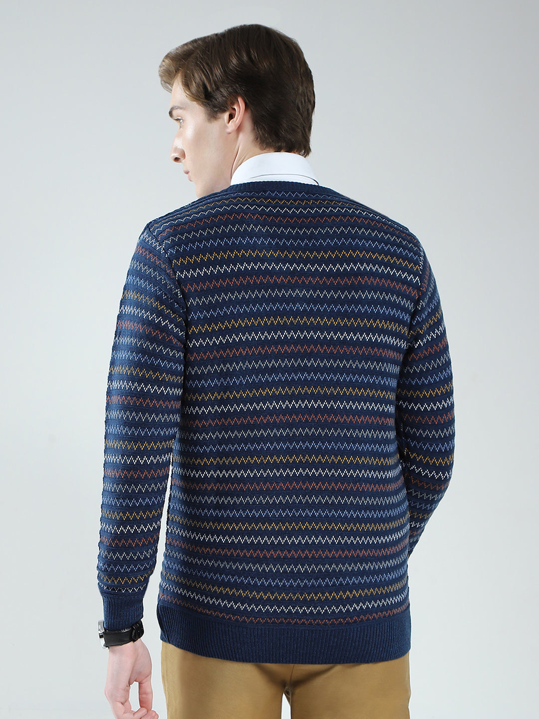Men Blue Stripe V Neck Full Sleeve Pullover