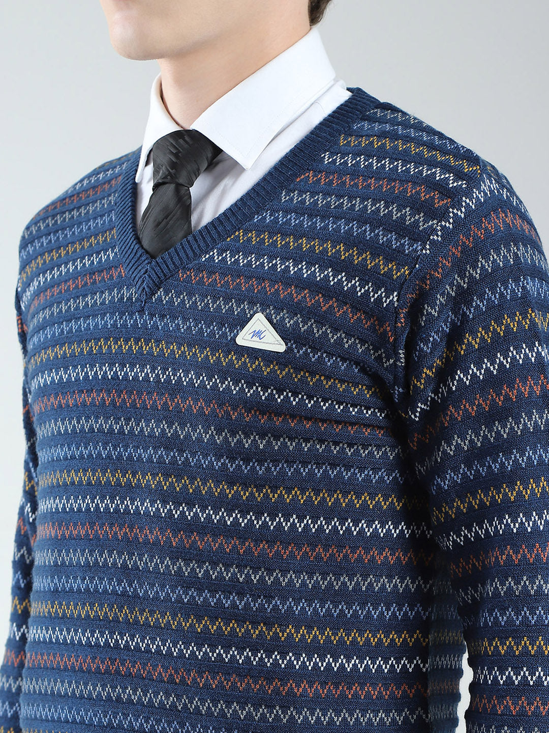 Men Blue Stripe V Neck Full Sleeve Pullover