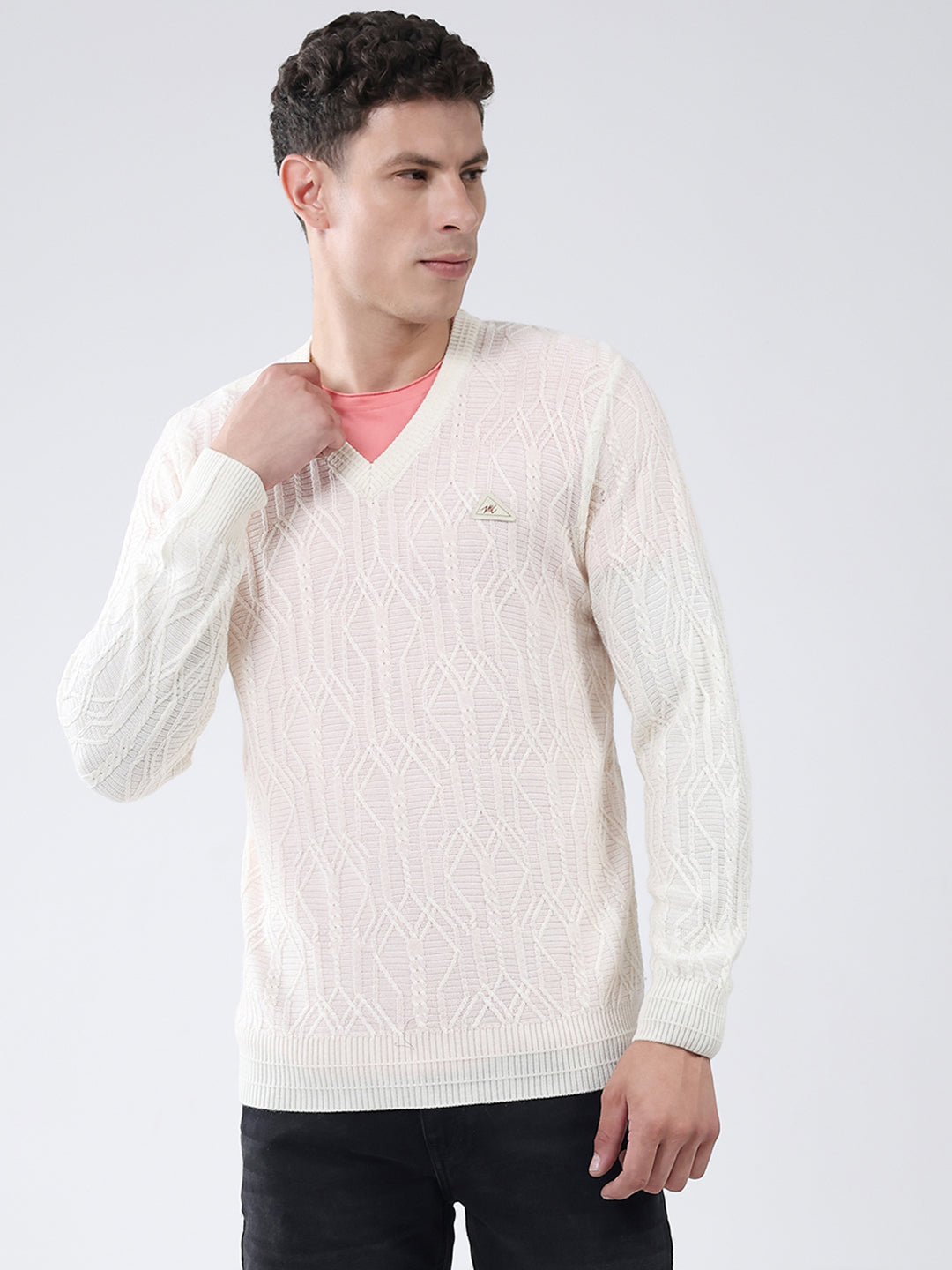 Men Off White Self Design V Neck Full Sleeve Pullover