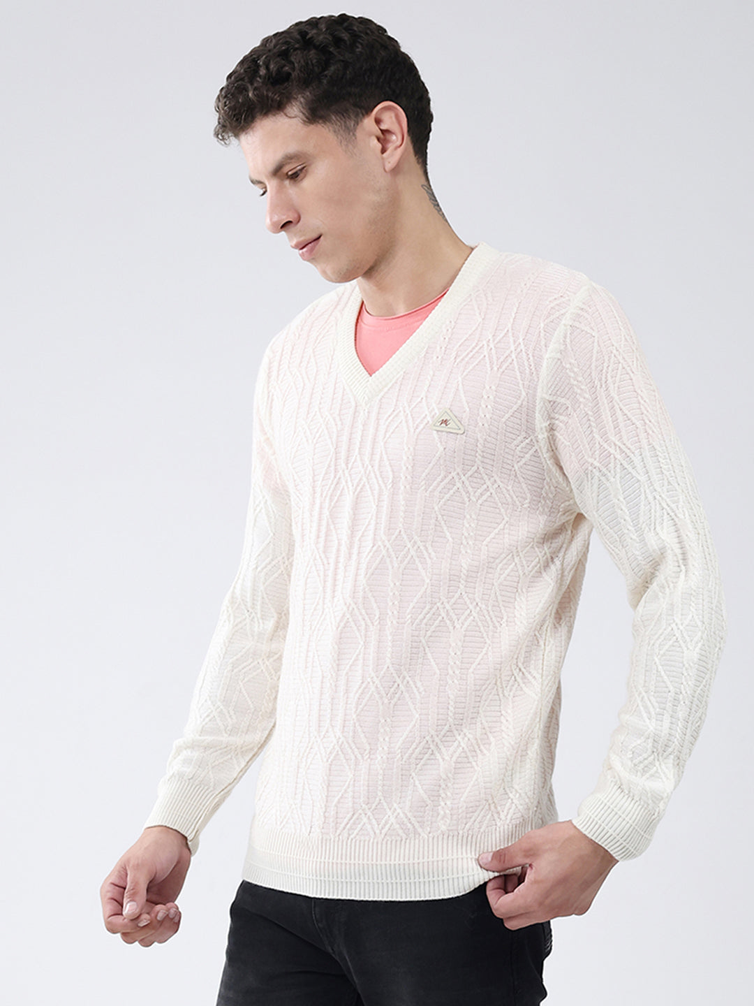 Men Off White Self Design V Neck Full Sleeve Pullover