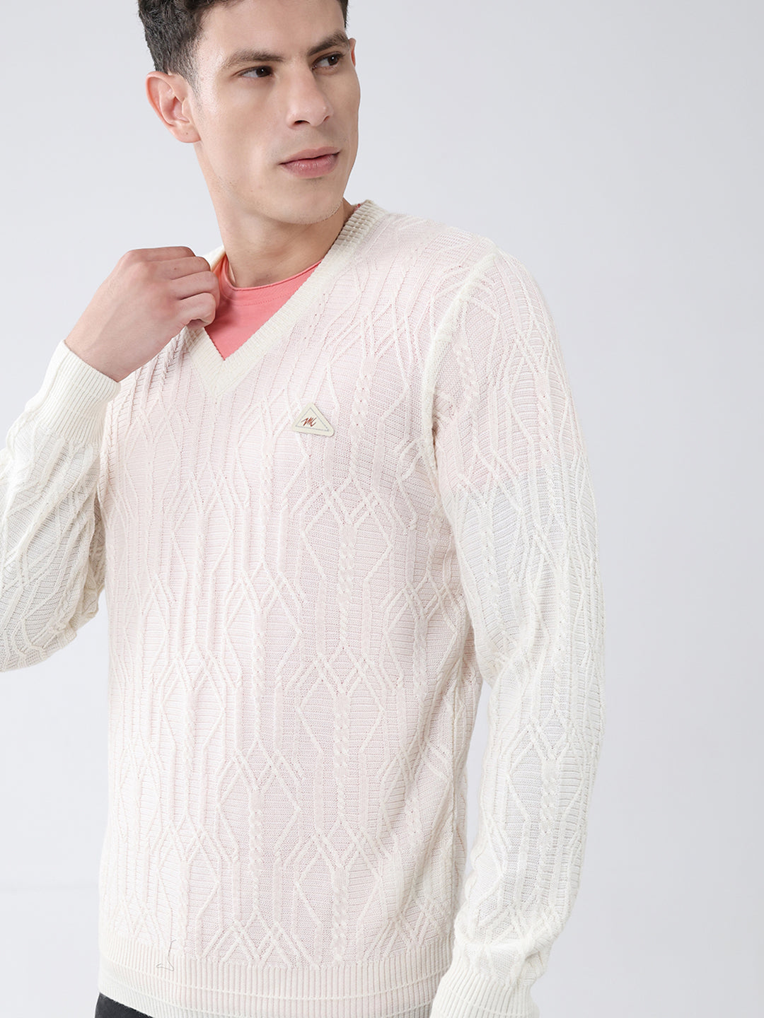 Men Off White Self Design V Neck Full Sleeve Pullover