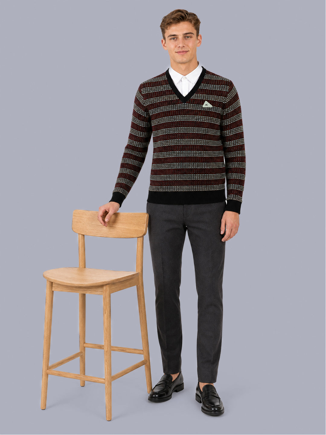 Men Black Jacquard V Neck Full Sleeve Pullover