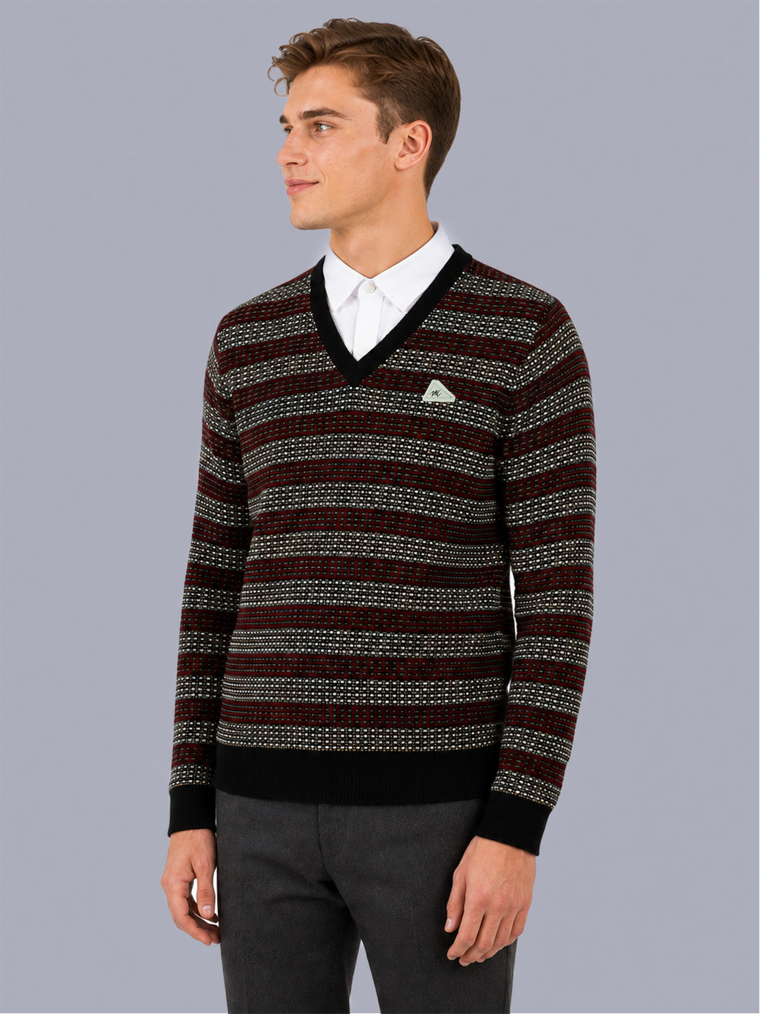 Men Black Jacquard V Neck Full Sleeve Pullover