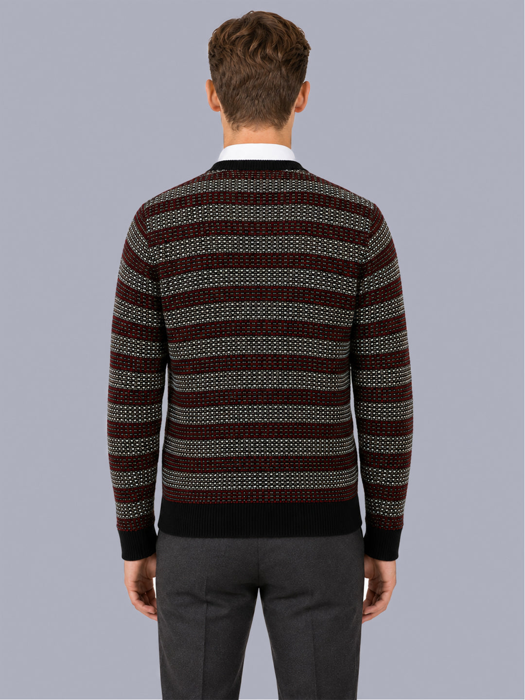 Men Black Jacquard V Neck Full Sleeve Pullover