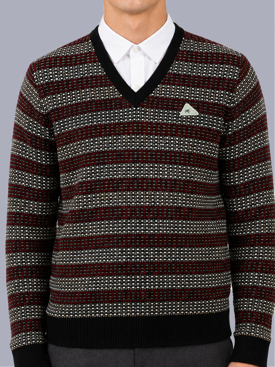 Men Black Jacquard V Neck Full Sleeve Pullover