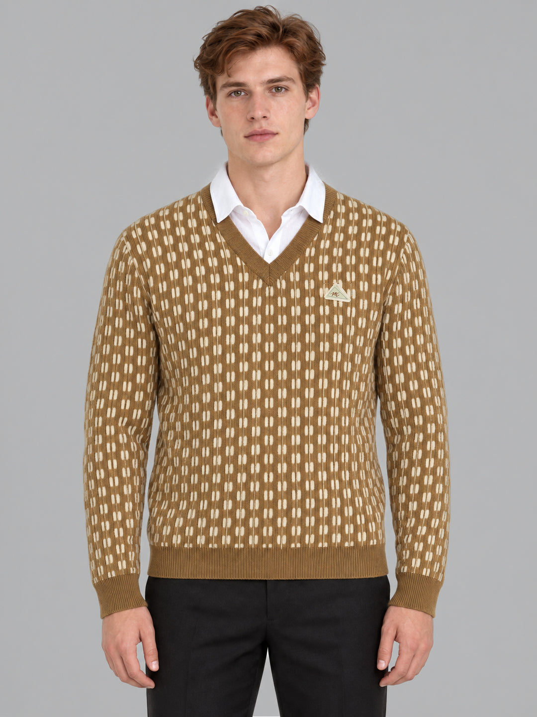 Men Camel Brown Designer V Neck Full Sleeve Pullover