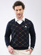 Men Navy Blue Self Design V Neck Full Sleeve Pullover