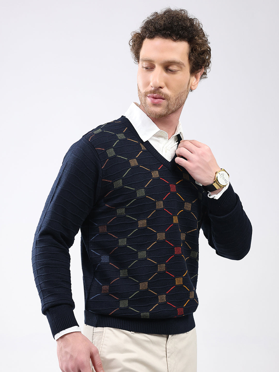 Men Navy Blue Self Design V Neck Full Sleeve Pullover