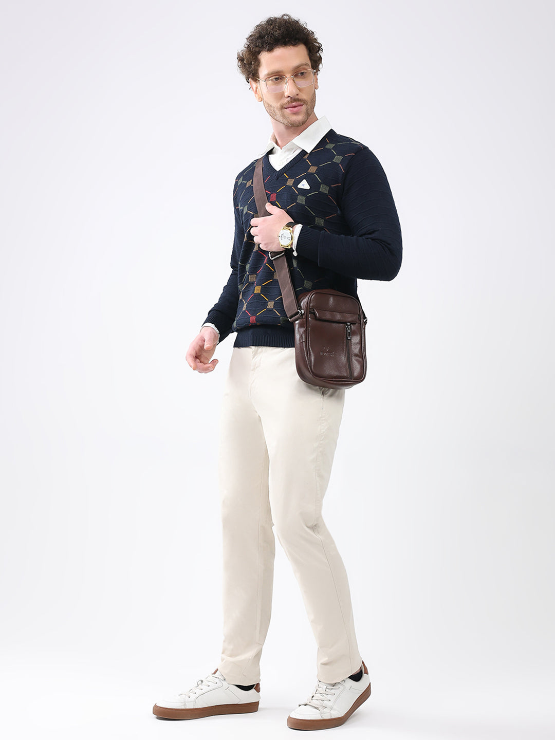 Men Navy Blue Self Design V Neck Full Sleeve Pullover