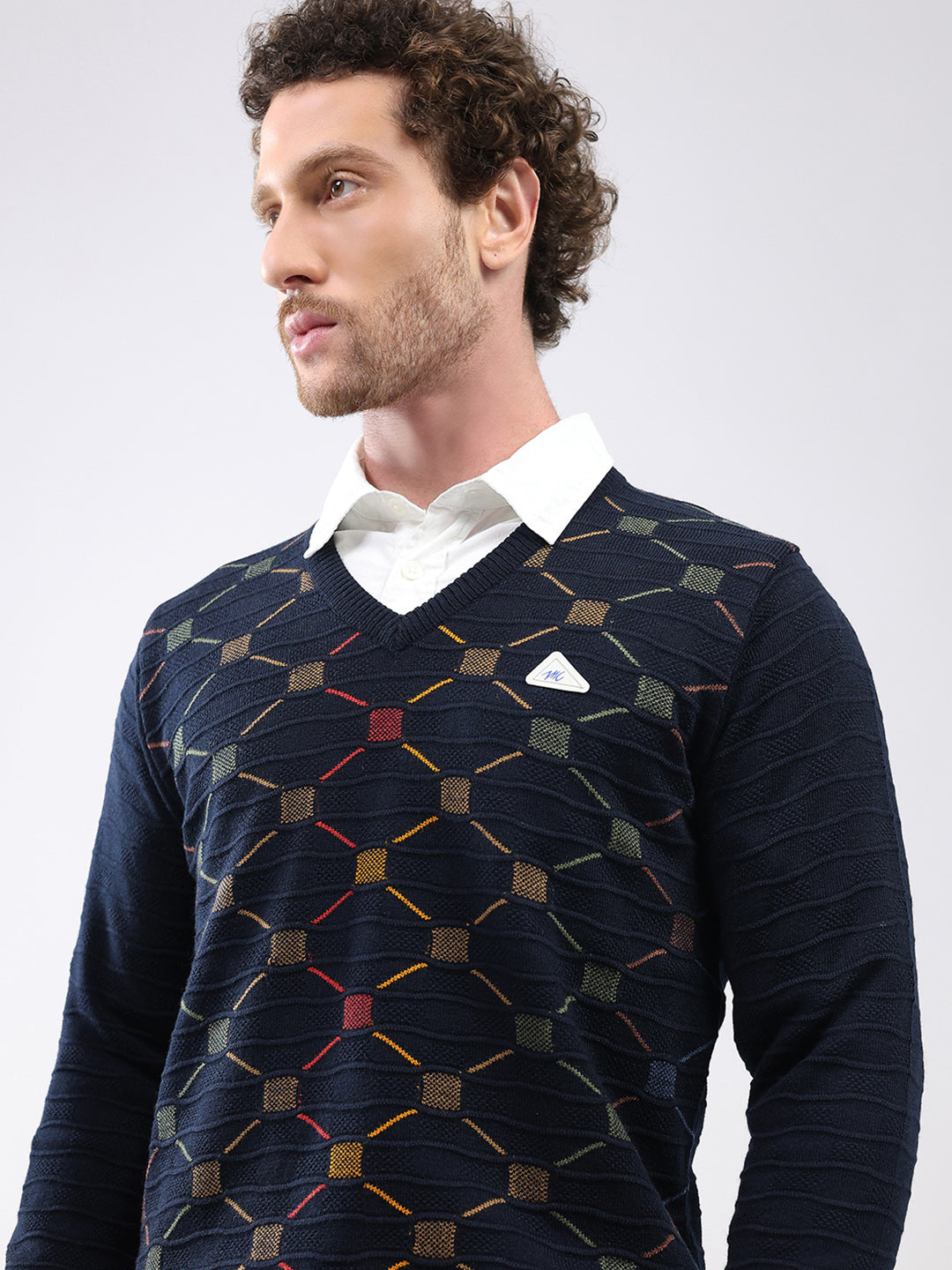 Men Navy Blue Self Design V Neck Full Sleeve Pullover