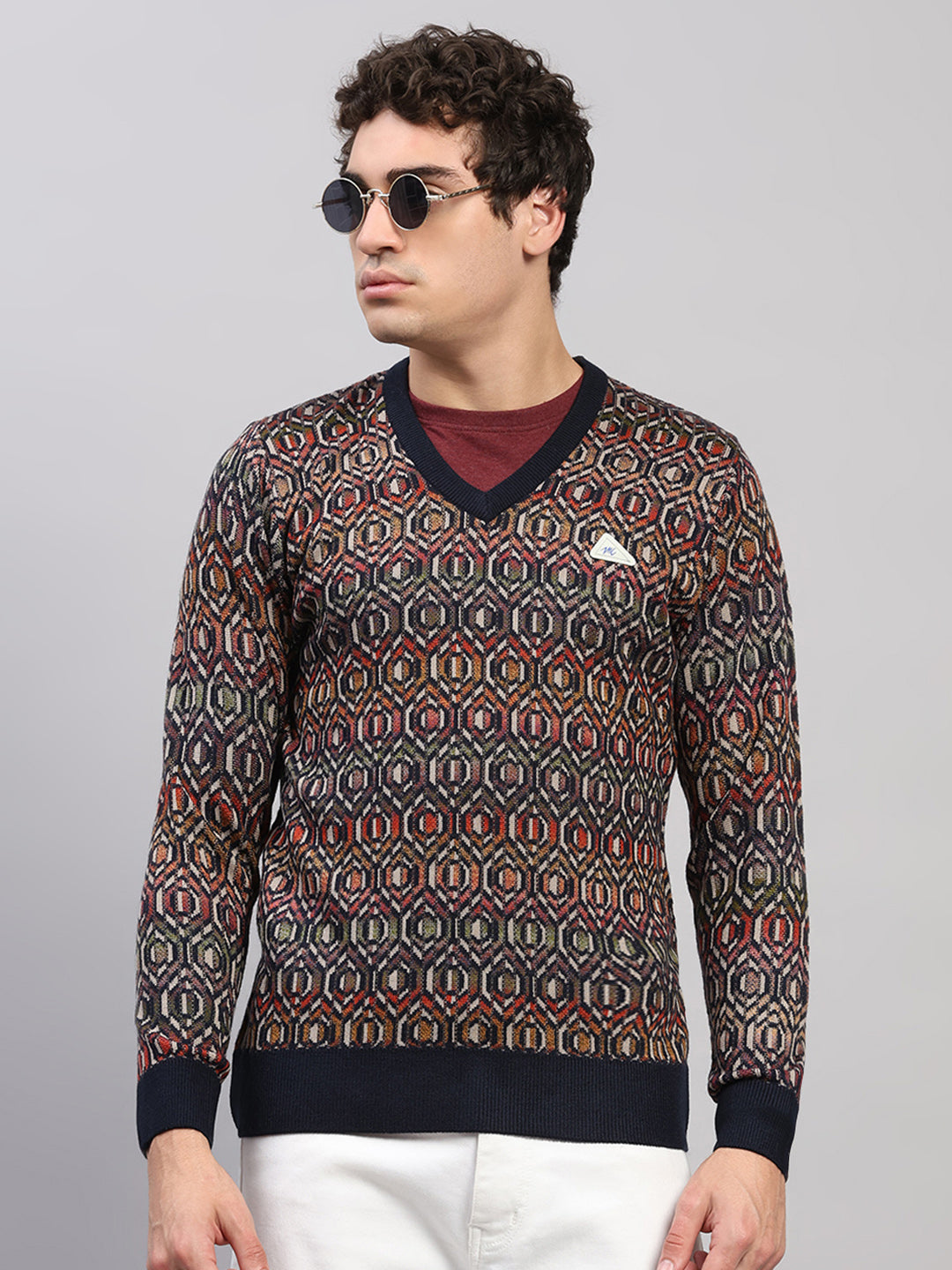 Men Navy Blue Printed V Neck Full Sleeve Pullover