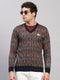 Men Navy Blue Printed V Neck Full Sleeve Pullover