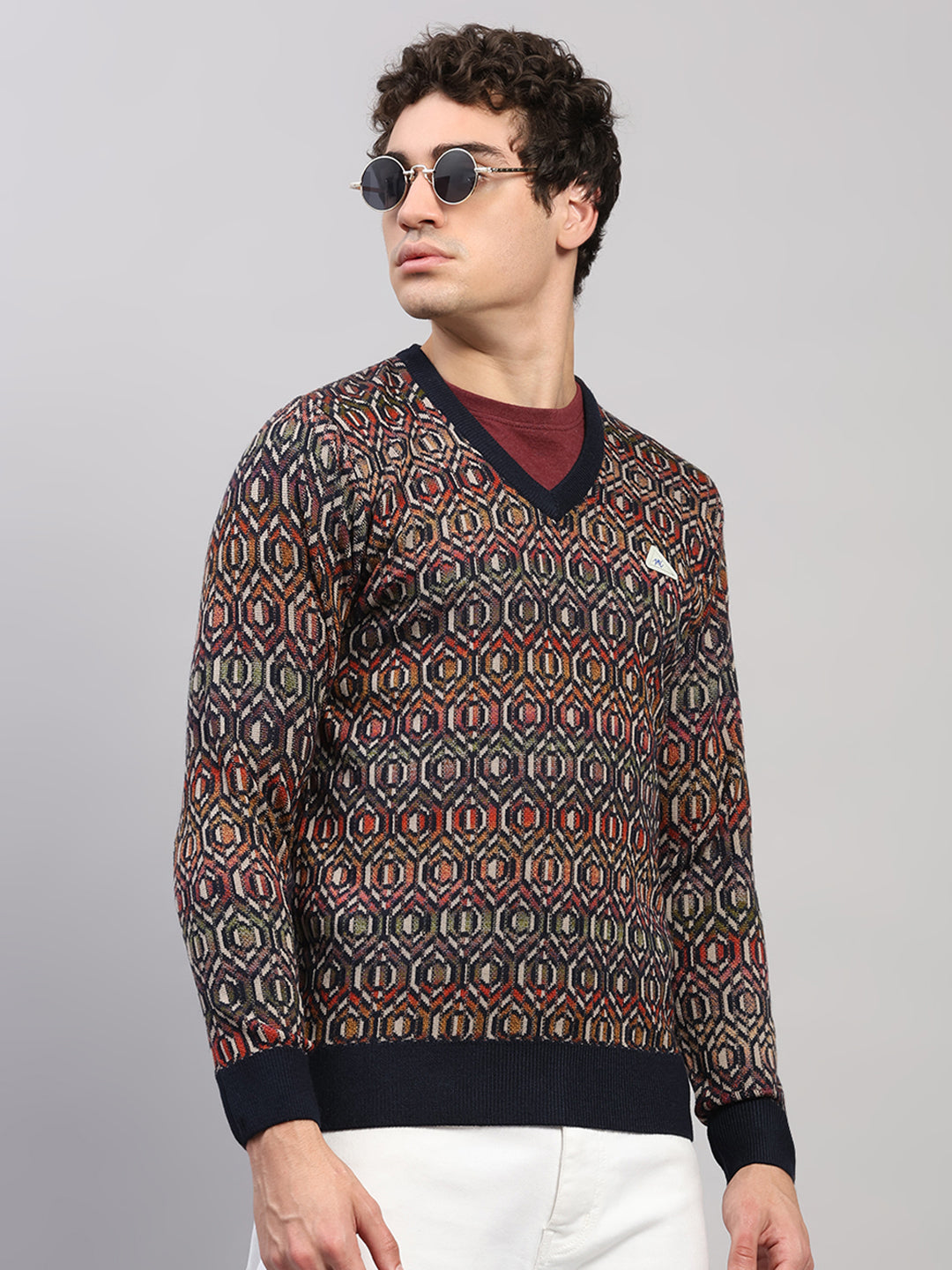 Men Navy Blue Printed V Neck Full Sleeve Pullover