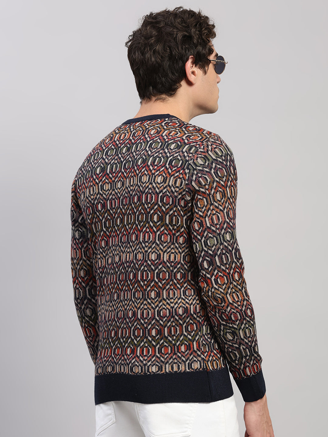 Men Navy Blue Printed V Neck Full Sleeve Pullover