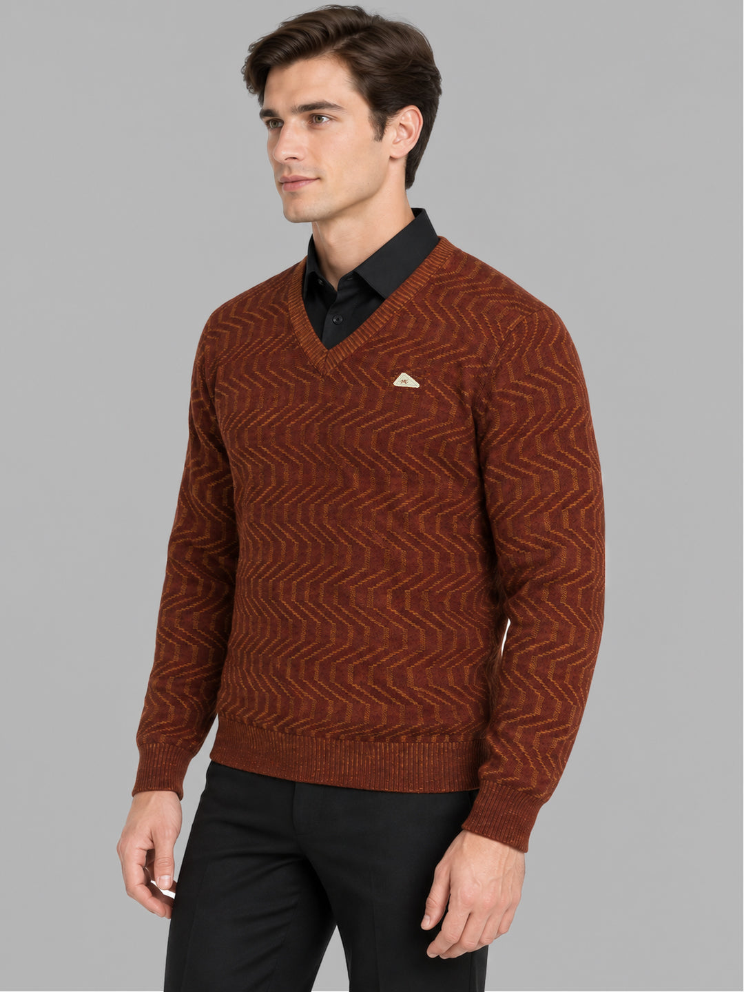 Men Rust Designer V Neck Full Sleeve Pullover