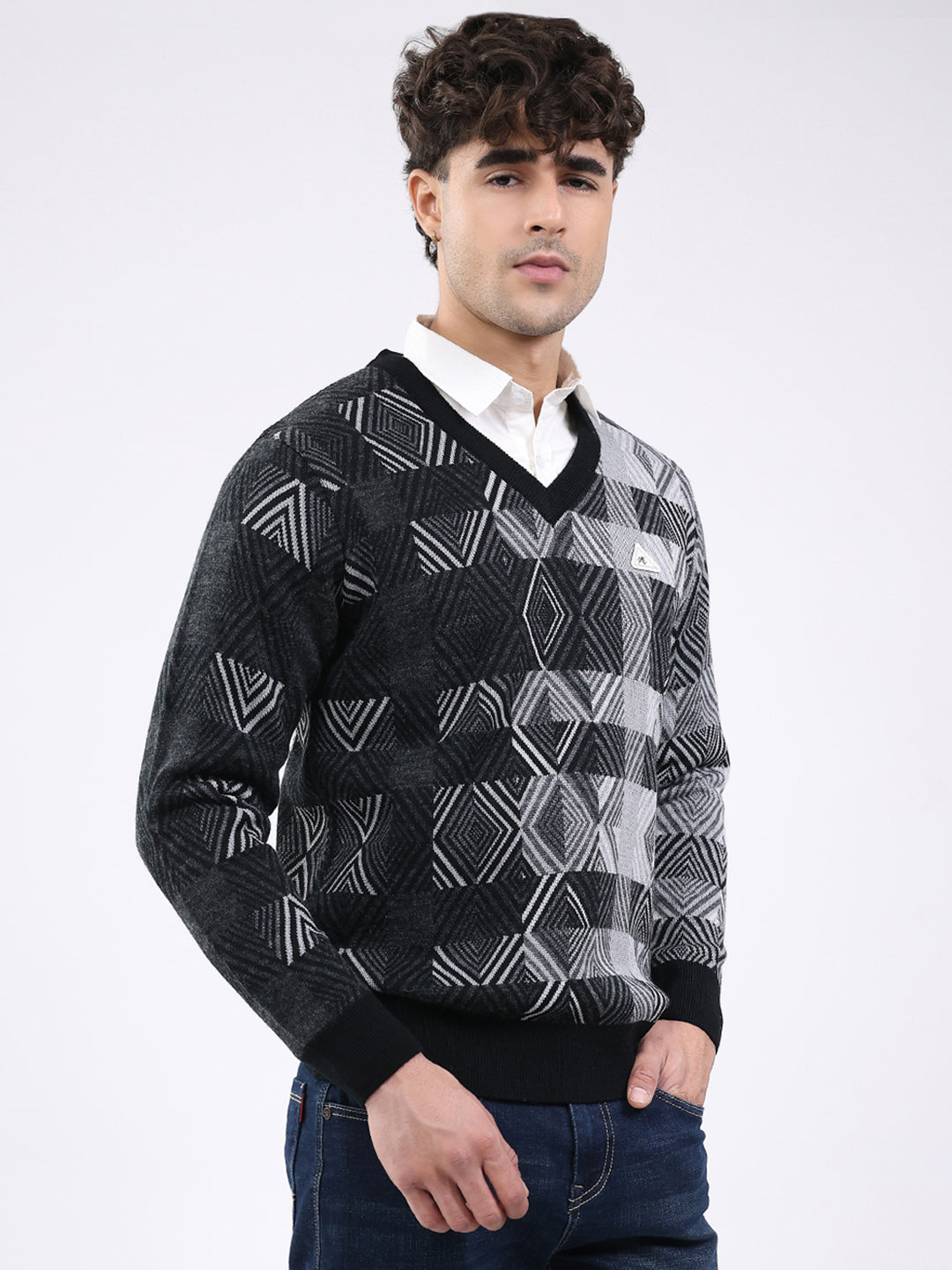 Men Black Self Design V Neck Full Sleeve Pullover