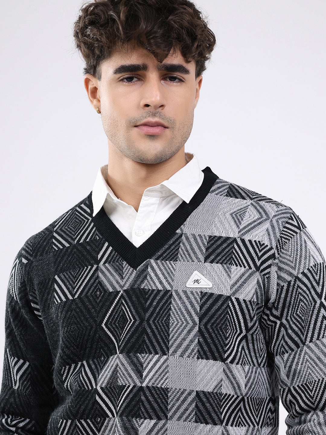 Men Black Self Design V Neck Full Sleeve Pullover