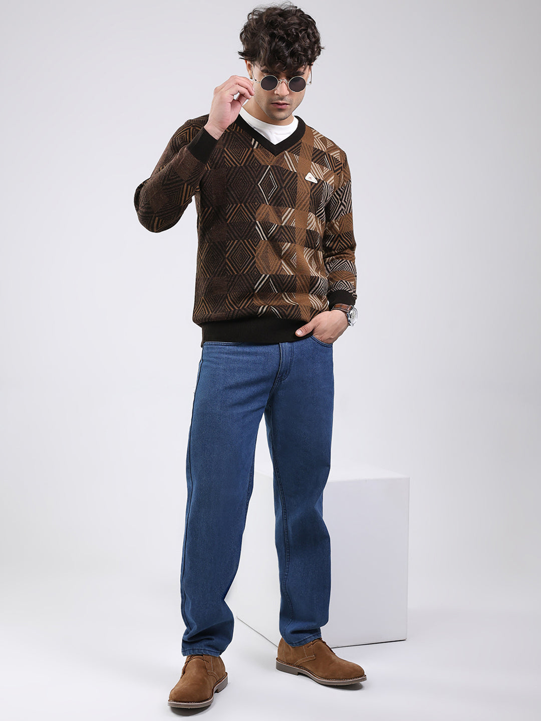 Men Brown Self Design V Neck Full Sleeve Pullover