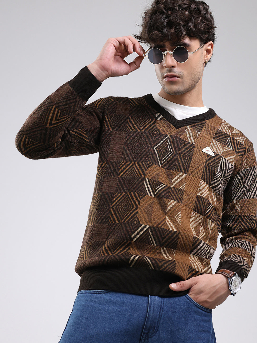 Men Brown Self Design V Neck Full Sleeve Pullover