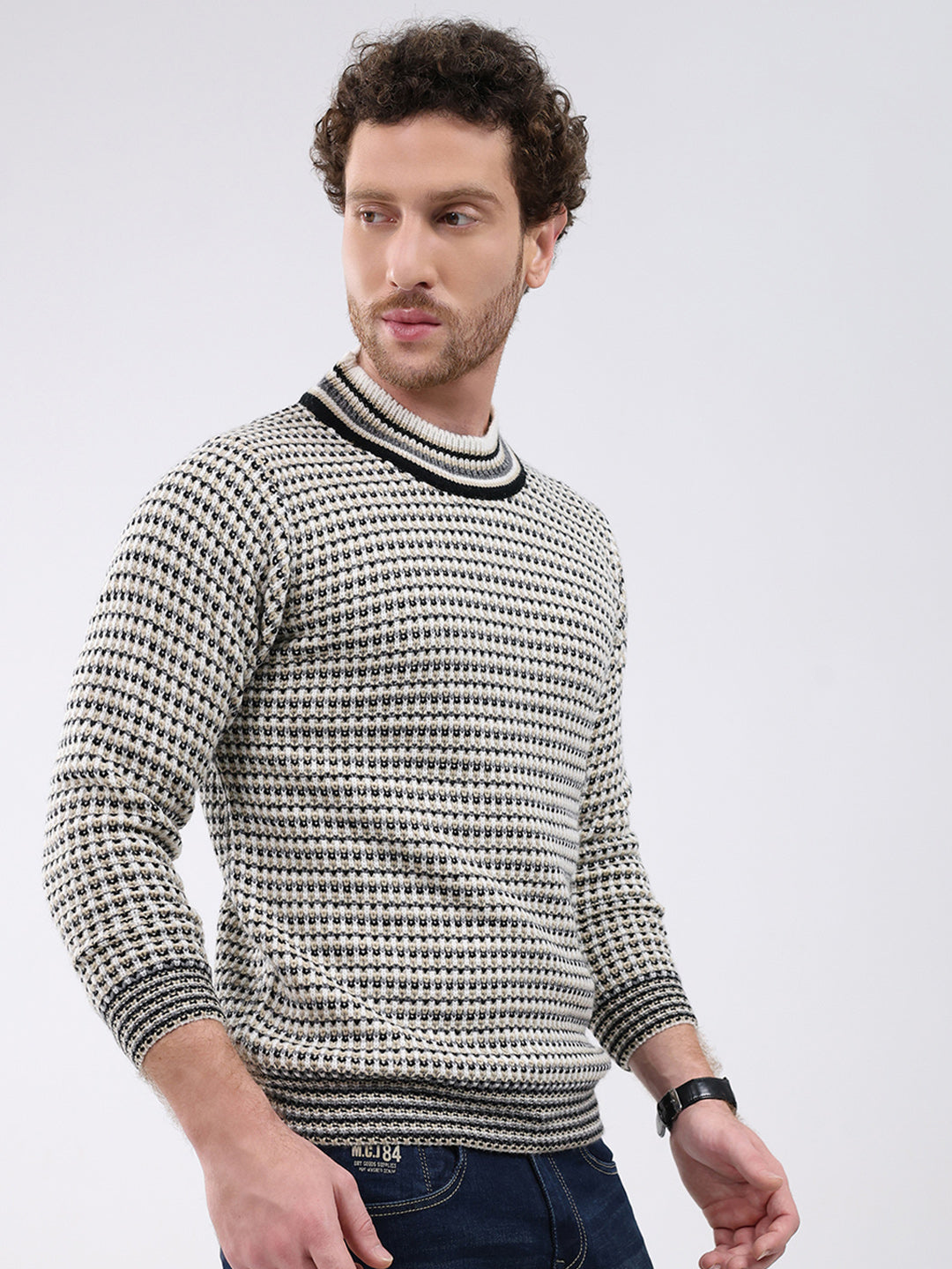 Men Cream Self Design Round Neck Full Sleeve Pullover