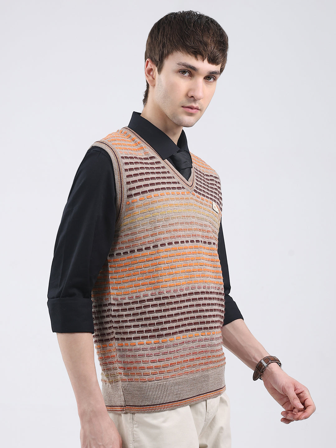 Men Multicolor Self Design V Neck Sleeveless Sweater