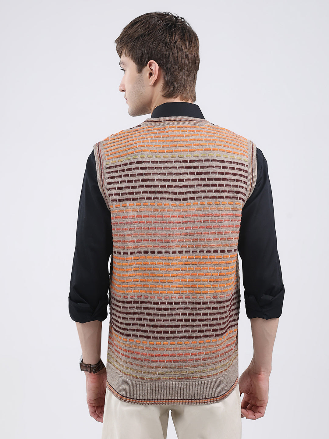 Men Multicolor Self Design V Neck Sleeveless Sweater