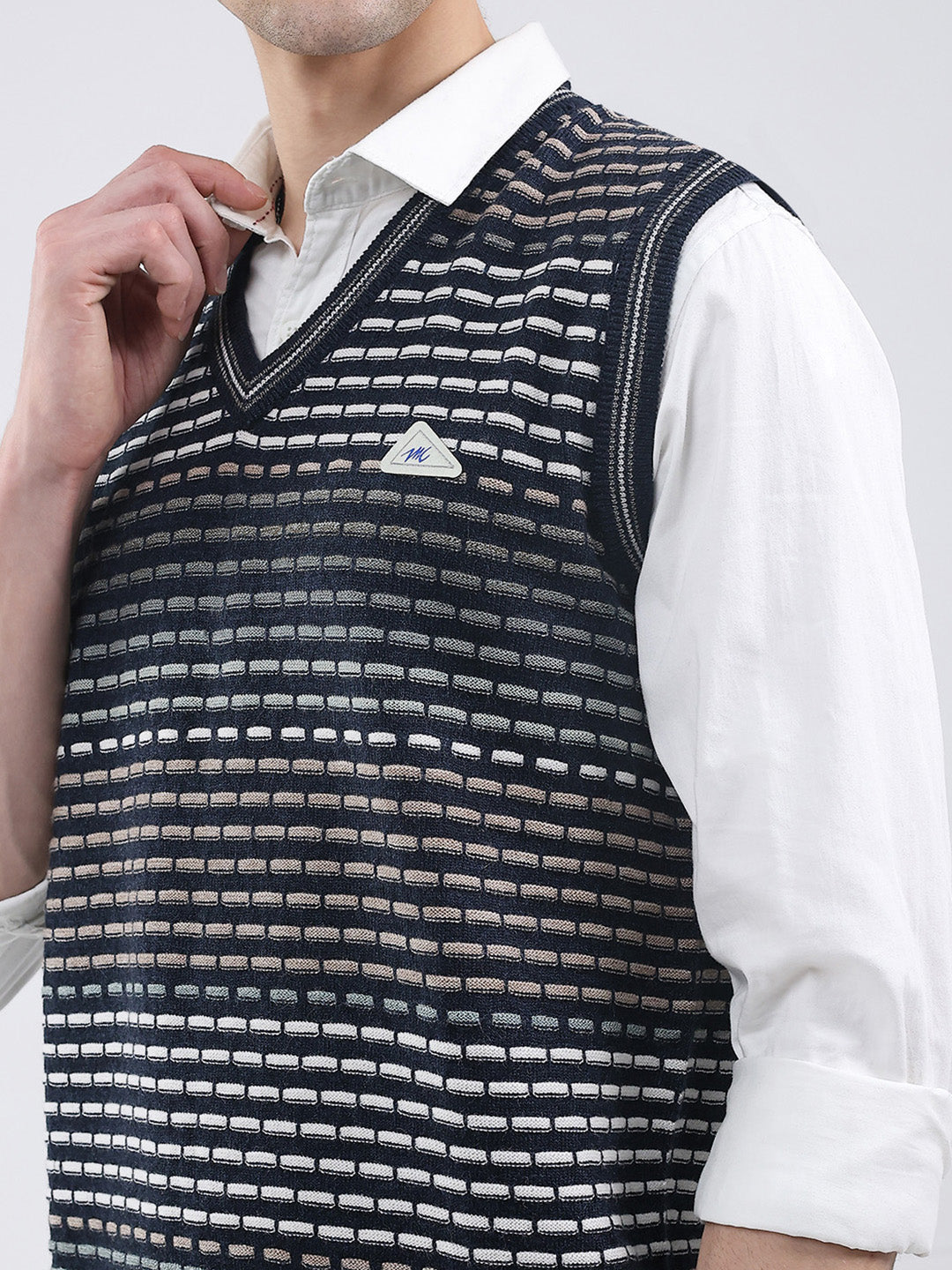 Men Navy Blue Self Design V Neck Sleeveless Sweater