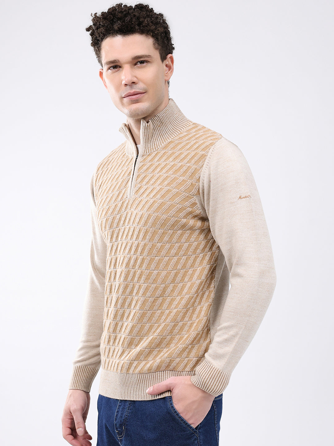 Men Brown Self Design Mock Neck Full Sleeve Pullover