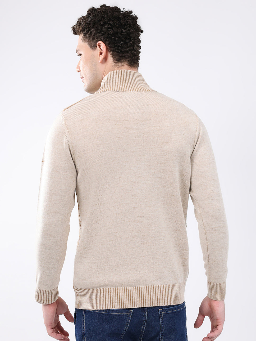 Men Brown Self Design Mock Neck Full Sleeve Pullover