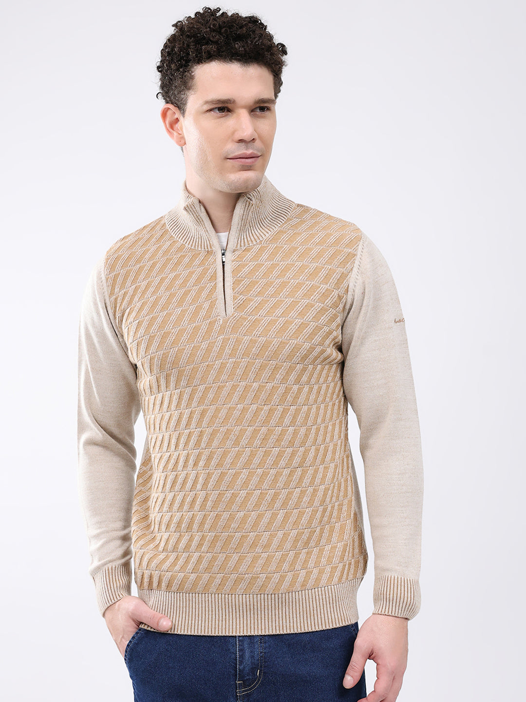 Men Brown Self Design Mock Neck Full Sleeve Pullover