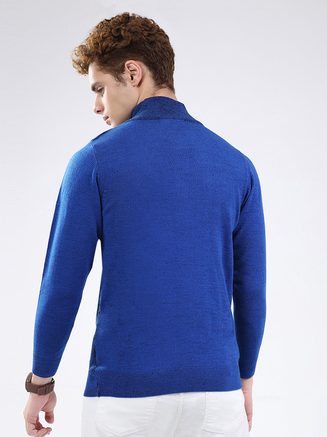 Men Blue Self Design Mock Neck Full Sleeve Pullover