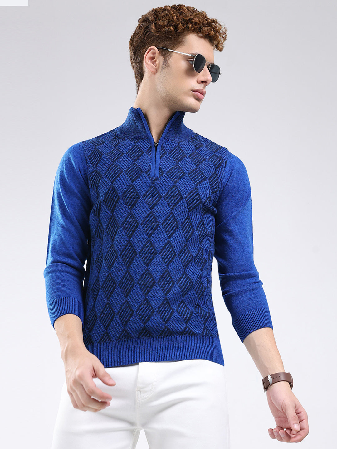 Men Blue Self Design Mock Neck Full Sleeve Pullover